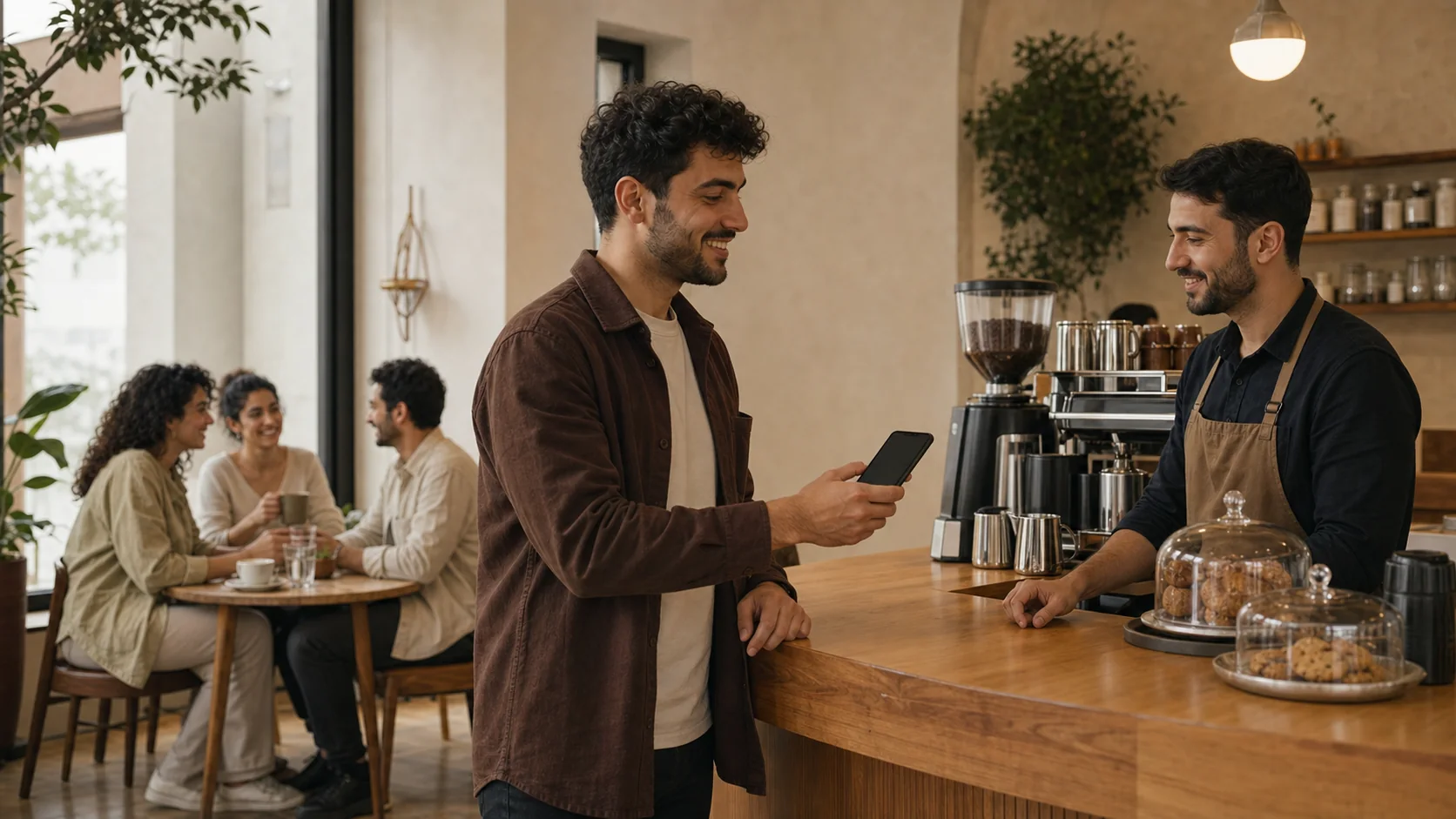 Kasada telefonunu gösteren müşteri ve barista