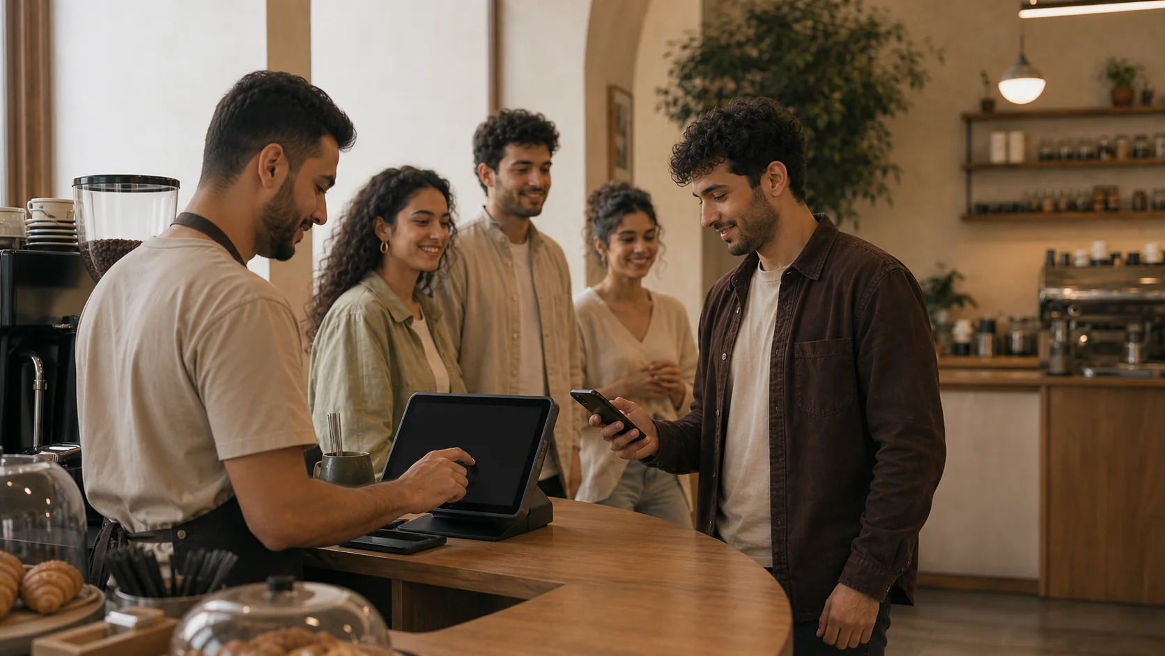 Kasada fındık işlemini hazırlayan barista ve telefonunu açan müşteri