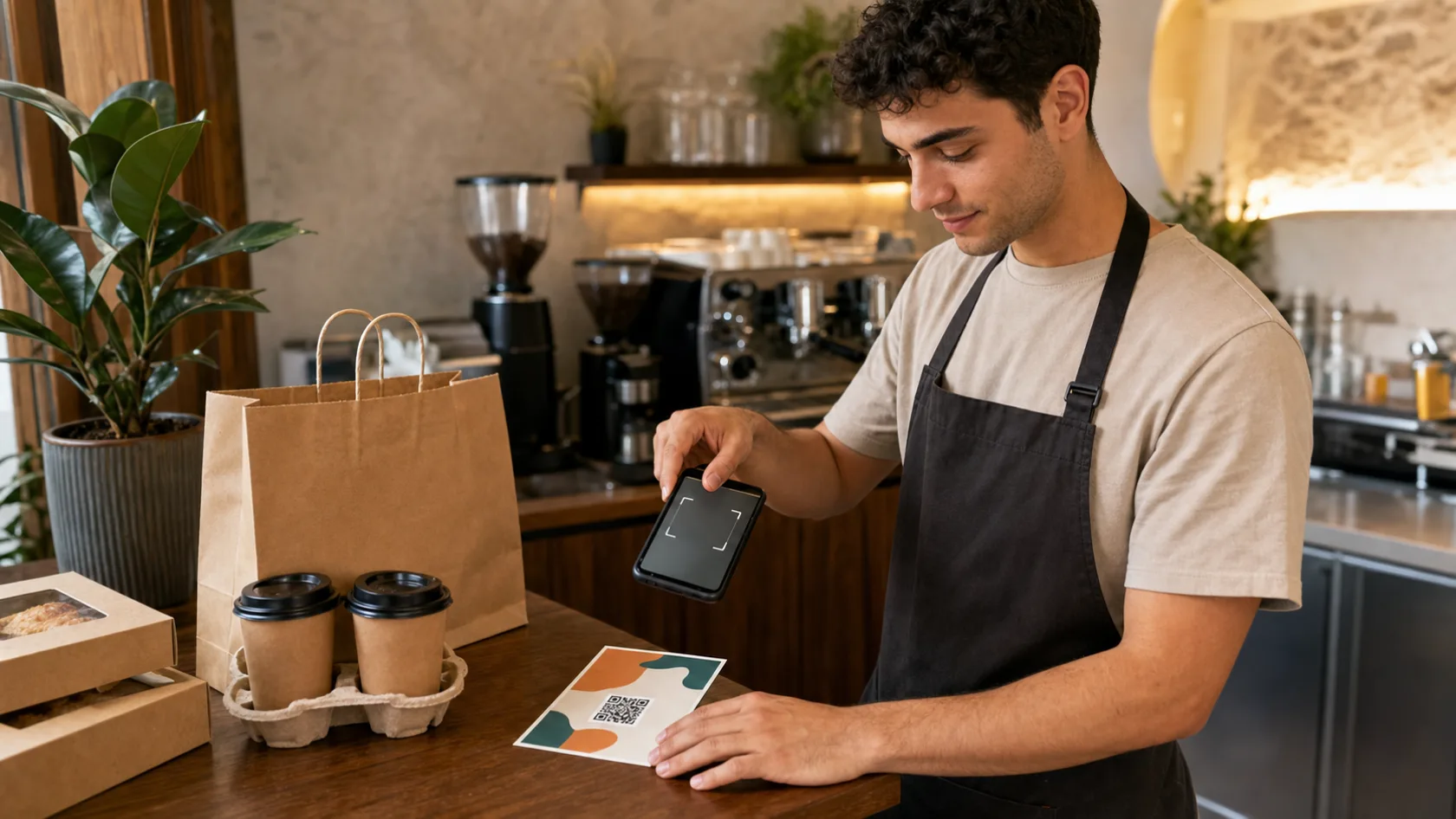 Paket servis broşüründeki QR kodunu telefonuyla okutan kafe çalışanı