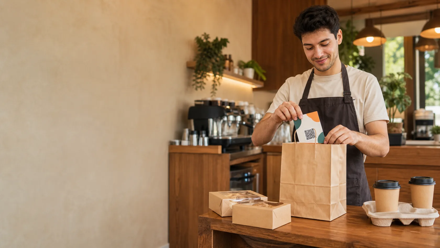 Paket siparişe QR kodlu Fındık broşürü ekleyen kafe çalışanı