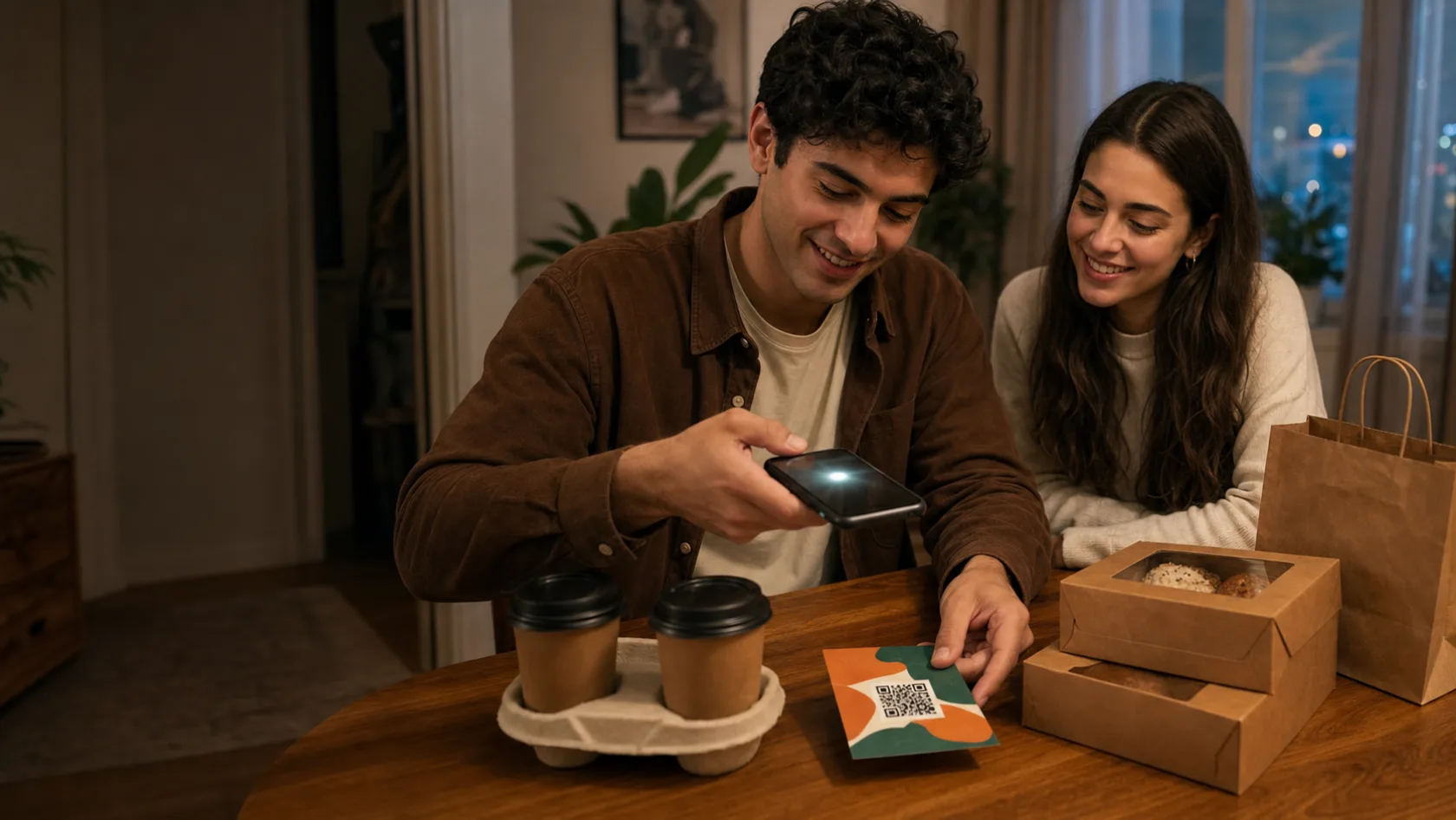 Evine gelen paketteki broşür QR kodunu telefonuyla okutan müşteri